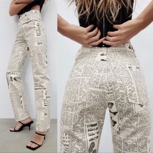 Zara Newspaper Pants High Rise Straight Leg